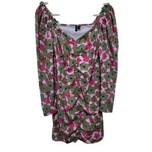 VERO MODA Womens L Gathered Front Floral Print Mini‎ Dress V Neck Long Sleeve